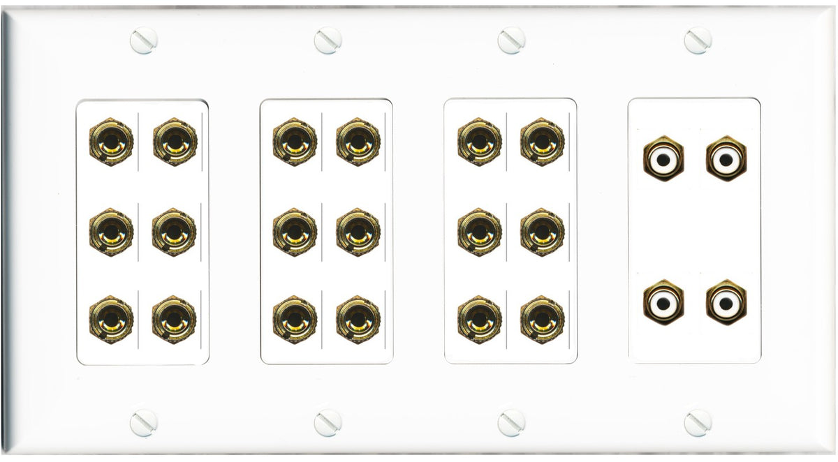 RiteAV 9.4 Surround Sound 9 Speaker 18 Banana Plug Jack Wall Plate w/4 RCA Subwoofer Female Connectors - 4 Gang [White]