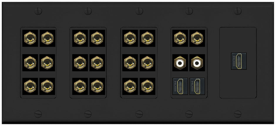 RiteAV 10.2 Surround Sound 10 Speaker 20 Banana Plug Jack Wall Plate w/2 RCA Subwoofer + 3 HDMI Female Connectors - 5 Gang [Black]
