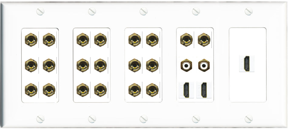 RiteAV 10.2 Surround Sound 10 Speaker 20 Banana Plug Jack Wall Plate w/2 RCA Subwoofer + 3 HDMI Female Connectors - 5 Gang [White]