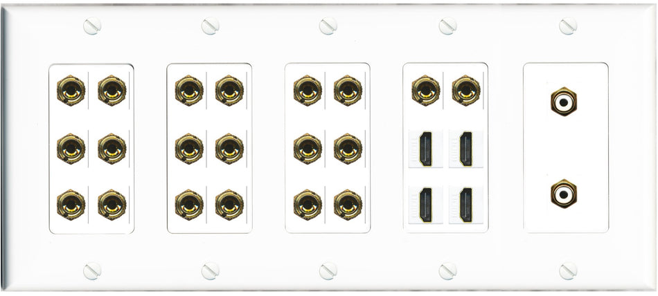 RiteAV 10.2 Surround Sound 10 Speaker 20 Banana Plug Jack Wall Plate w/2 RCA Subwoofer + 4 HDMI Female Connectors - 5 Gang [White]