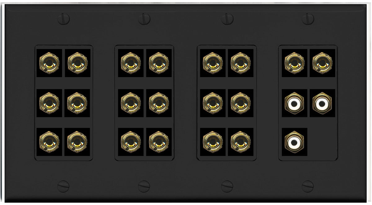 RiteAV 10.3 Surround Sound 10 Speaker 20 Banana Plug Jack Wall Plate w/3 RCA Subwoofer Female Connectors - 4 Gang [Black]