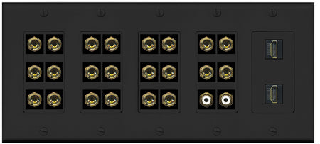 RiteAV 11.2 Surround Sound 11 Speaker 22 Banana Plug Jack Wall Plate w/ 2 RCA Subwoofer + 2 HDMI Female Connectors - 5 Gang [Black]