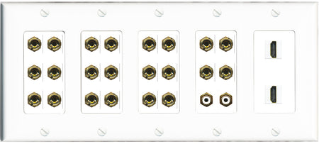 RiteAV 11.2 Surround Sound 11 Speaker 22 Banana Plug Jack Wall Plate w/ 2 RCA Subwoofer + 2 HDMI Female Connectors - 5 Gang [White]