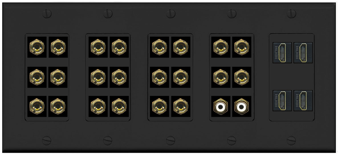 RiteAV 11.2 Surround Sound 11 Speaker 22 Banana Plug Jack Wall Plate w/ 2 RCA Subwoofer + 4 HDMI Female Connectors - 5 Gang [Black]
