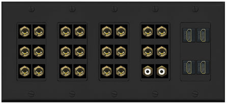RiteAV 11.2 Surround Sound 11 Speaker 22 Banana Plug Jack Wall Plate w/ 2 RCA Subwoofer + 4 HDMI Female Connectors - 5 Gang [Black]
