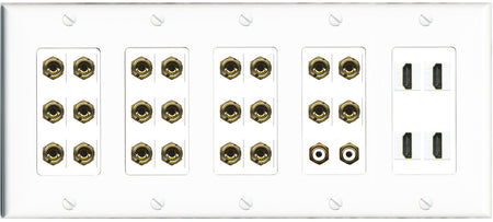 RiteAV 11.2 Surround Sound 11 Speaker 22 Banana Plug Jack Wall Plate w/ 2 RCA Subwoofer + 4 HDMI Female Connectors - 5 Gang [White]