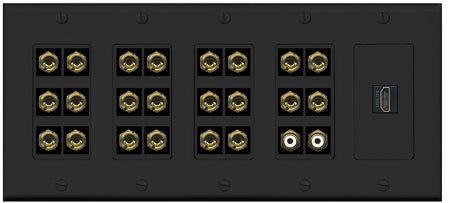 RiteAV 11.2 Surround Sound 11 Speaker 22 Banana Plug Jack Wall Plate w/ 2 RCA Subwoofer + 1 HDMI Female Connectors - 5 Gang [Black]