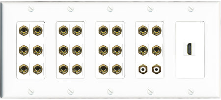 RiteAV 11.2 Surround Sound 11 Speaker 22 Banana Plug Jack Wall Plate w/ 2 RCA Subwoofer + 1 HDMI Female Connectors - 5 Gang [White]