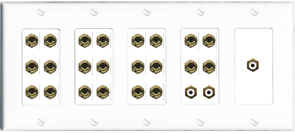 RiteAV 11.3 Surround Sound Speaker 22 Banana Port Wall Plate w/3 x RCA Subwoofer Female Connector - 5 Gang [White]