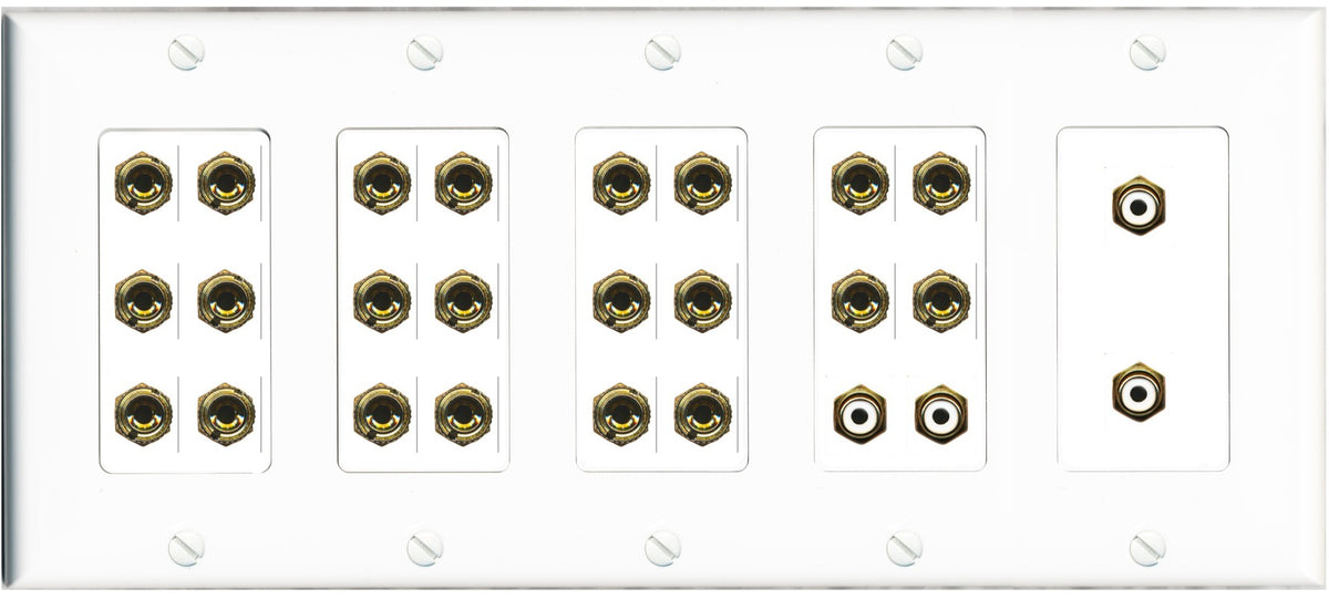 RiteAV 11.4 Surround Sound Speaker 22 Banana Port Wall Plate w/4 x RCA Subwoofer Female Connector - 5 Gang [White]