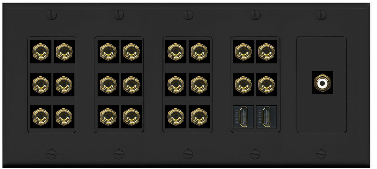 RiteAV 11.1 Surround Sound 11 Speaker 22 Banana Plug Jack Wall Plate w/RCA Subwoofer + 2 HDMI Female Connectors - 5 Gang [Black]