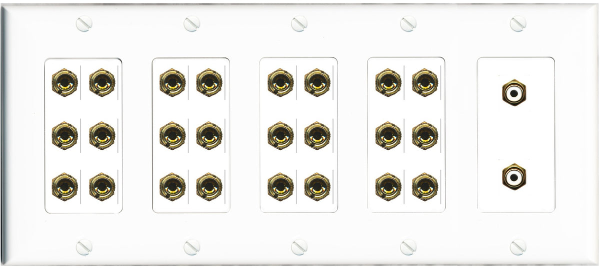 RiteAV 12.2 Surround Sound 12 Speaker 24 Banana Port Wall Plate w/2 x RCA Subwoofer Female Connectors - 5 Gang [White]