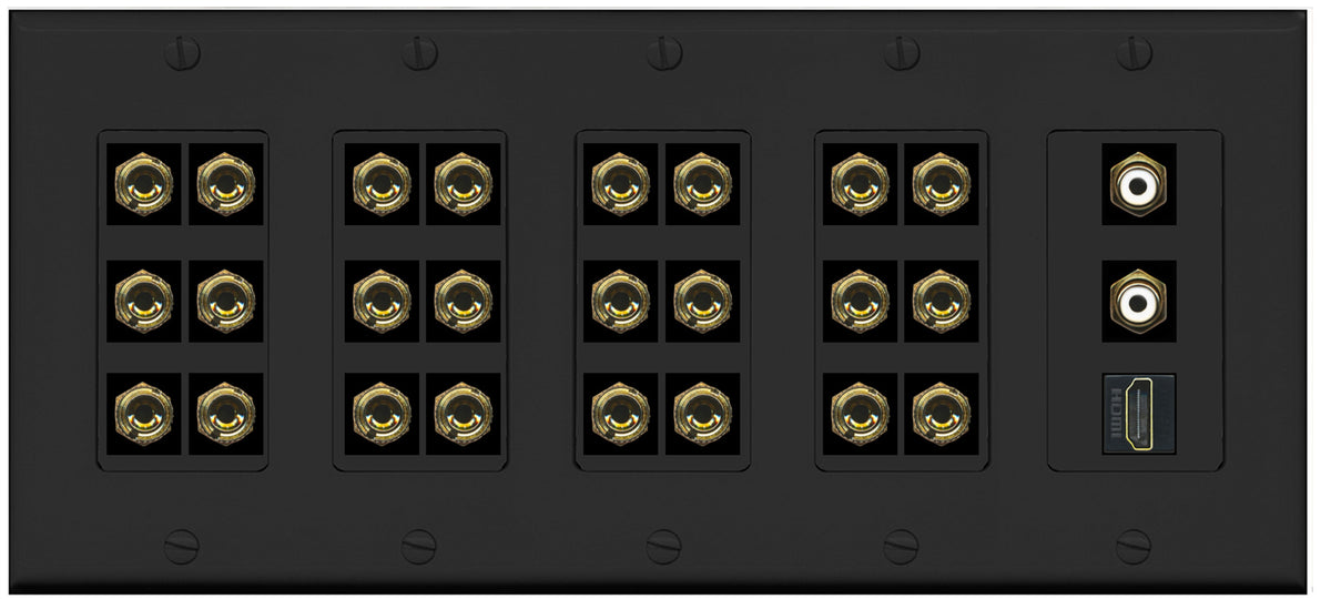 RiteAV 12.2 Surround Sound 12 Speaker 24 Banana Plug Jack Wall Plate w/ 2 RCA Subwoofer + 1 HDMI Female Connectors - 5 Gang [Black]