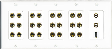 RiteAV 12.2 Surround Sound 12 Speaker 24 Banana Plug Jack Wall Plate w/ 2 RCA Subwoofer + 1 HDMI Female Connectors - 5 Gang [White]