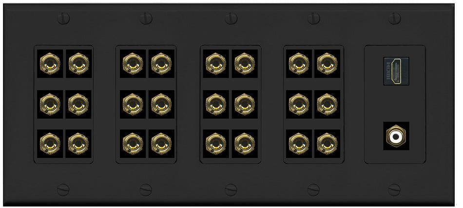 RiteAV 12.1 Surround Sound 12 Speaker 24 Banana Wall Plate with HDMI and RCA Female to Female Connectors - 5 Gang [Black]