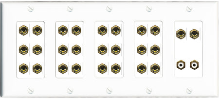 RiteAV 13.2 Surround Sound 13 Speaker 24 Banana Port Wall Plate w/2 x RCA Subwoofer Female Connectors - 5 Gang [White]