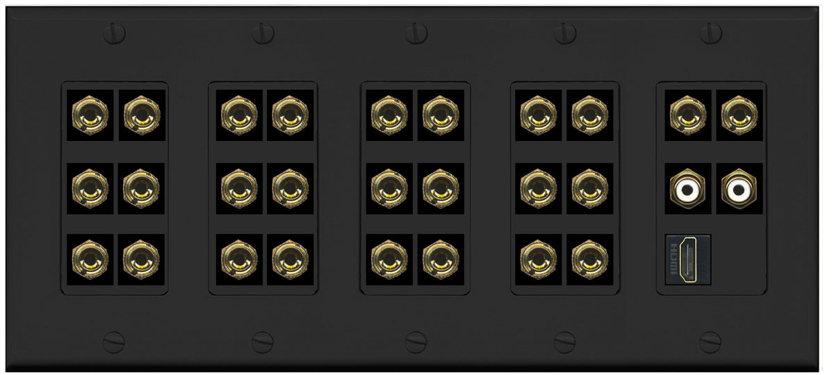 RiteAV 13.2 Surround Sound 13 Speaker 26 Banana Plug Jack Wall Plate w/ 2 RCA Subwoofer + 1 HDMI Female Connectors - 5 Gang [Black]