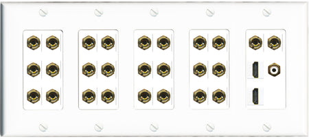 RiteAV 13.1 Surround Sound 13 Speaker 26 Banana Plug Jack Wall Plate w/RCA Subwoofer + 2 HDMI Female Connectors - 5 Gang [White]