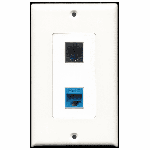 RiteAV - 1 Port Cat5e Ethernet Black - 1 Port Cat5e Ethernet Blue  Wall Plate Decora White