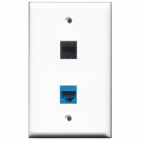 RiteAV - 1 Port Cat5e Ethernet Black - 1 Port Cat5e Ethernet Blue  Wall Plate White