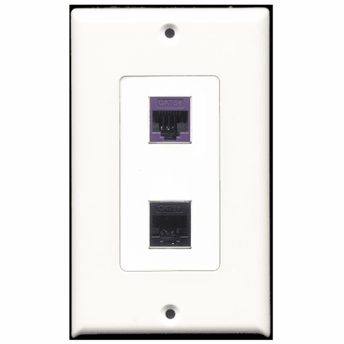 RiteAV - 1 Port Cat5e Ethernet Black - 1 Port Cat5e Ethernet Purple  Wall Plate Decora White