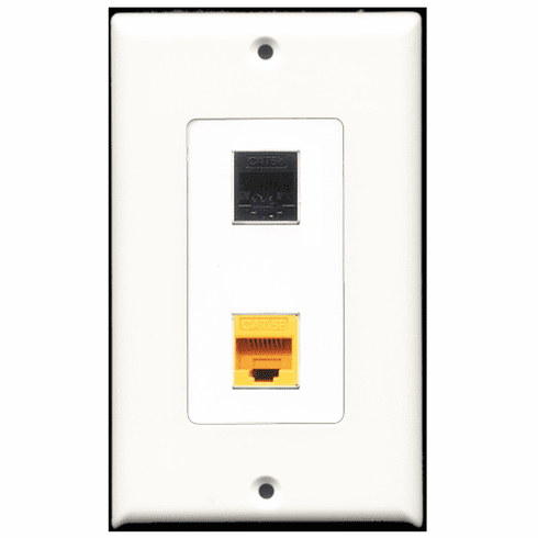 RiteAV - 1 Port Cat5e Ethernet Black - 1 Port Cat5e Ethernet Yellow  Wall Plate Decora White