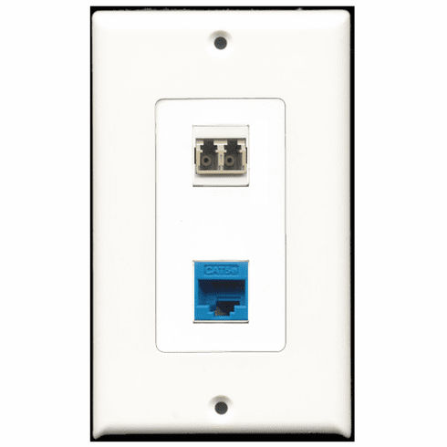 RiteAV - 1 Port Cat5e Ethernet Blue - 1 Port LC Fiber Multimode Duplex Port  Wall Plate Decora White