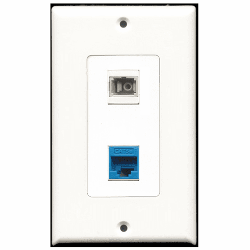 RiteAV - 1 Port Cat5e Ethernet Blue - 1 Port SC Fiber Multimode Simplex Port  Wall Plate Decora White