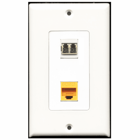 RiteAV - 1 Port Cat5e Ethernet Yellow - 1 Port LC Fiber Multimode Duplex Port  Wall Plate Decora White