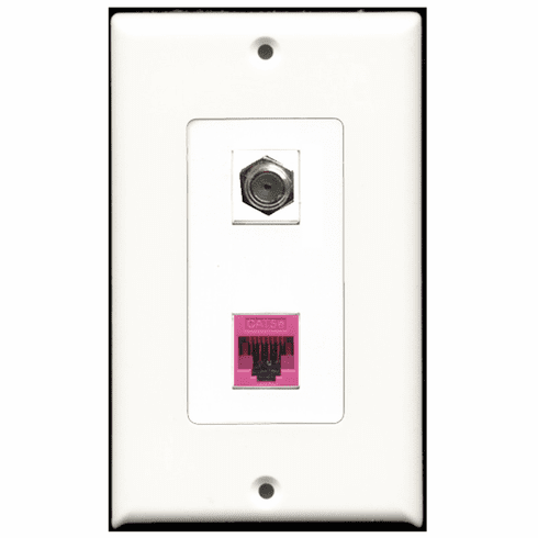RiteAV - 1 Port Coax Port Cable TV F Type - 1 Port Cat5e Ethernet Pink  Wall Plate Decora White
