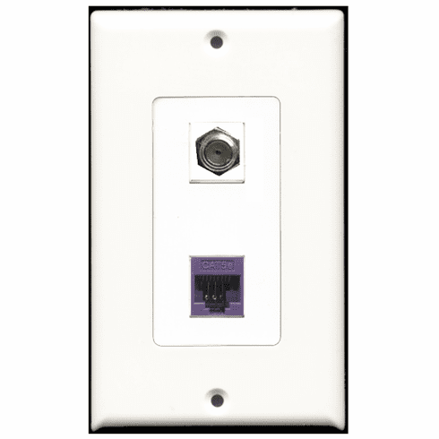 RiteAV - 1 Port Coax Port Cable TV F Type - 1 Port Cat5e Ethernet Purple  Wall Plate Decora White