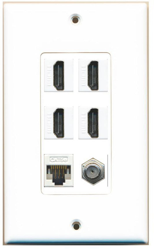 RiteAV - 4 x HDMI and 1 x Ethernet Cat5e and 1 x Coax Cable TV F Type Port Wall Plate - White