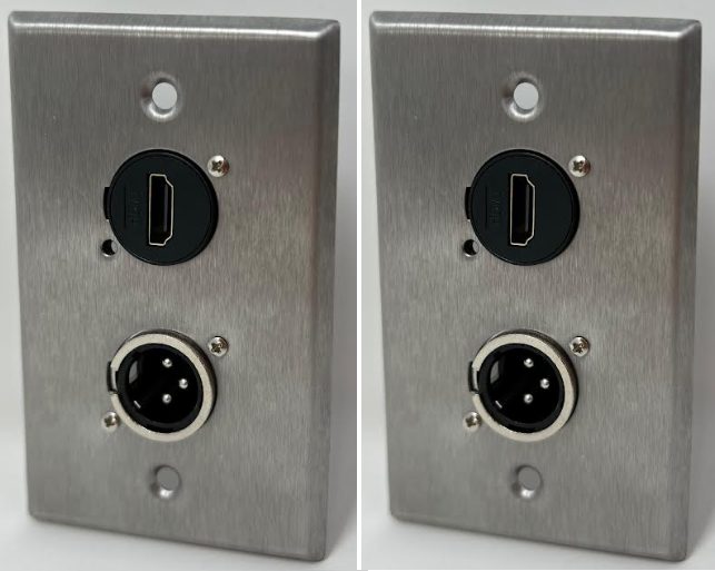 1 Port HDMI/1 Port XLR 3 Pole Male D Series Heavy Duty Stainless Steel Wall Plate - HDMI Angled Exit