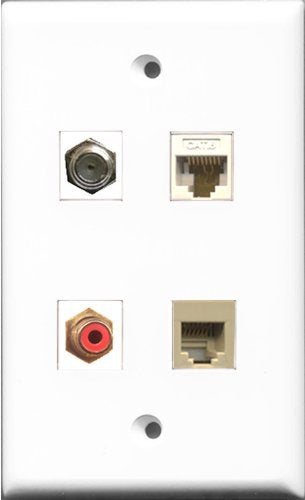 RiteAV 1 Port RCA Red and 1 Port Coax Cable TV- F-Type and 1 Port Phone RJ11 RJ12 Beige and 1 Port Cat6 Ethernet White Wall Plate