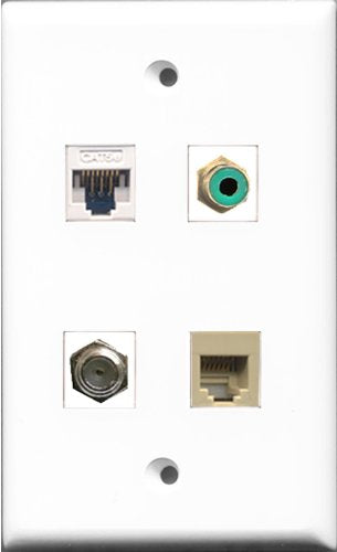 RiteAV 1 Port RCA Green and 1 Port Coax Cable TV- F-Type and 1 Port Phone RJ11 RJ12 Beige and 1 Port Cat5e Ethernet White Wall Plate