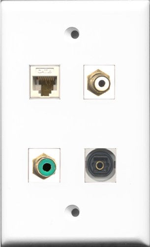RiteAV 1 Port RCA White and 1 Port RCA Green and 1 Port Toslink and 1 Port Cat6 Ethernet White Wall Plate