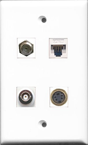 RiteAV 1 Port Coax Cable TV- F-Type and 1 Port S-Video and 1 Port BNC and 1 Port Cat5e Ethernet White Wall Plate
