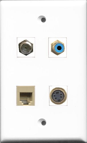 RiteAV 1 Port RCA Blue and 1 Port Coax Cable TV- F-Type and 1 Port Phone RJ11 RJ12 Beige and 1 Port S-Video Wall Plate