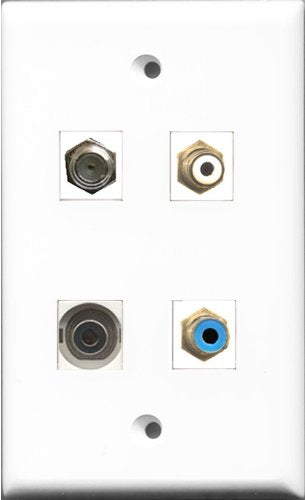 RiteAV 1 Port RCA White and 1 Port RCA Blue and 1 Port Coax Cable TV- F-Type and 1 Port 3.5mm Wall Plate