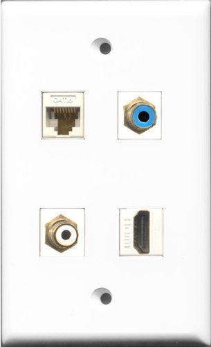 RiteAV 1 Port HDMI and 1 Port RCA White and 1 Port RCA Blue and 1 Port Cat6 Ethernet White Wall Plate