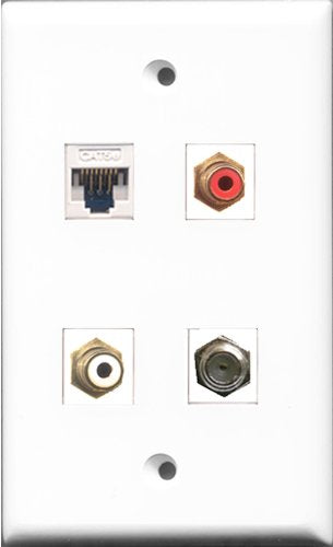 RiteAV 1 Port RCA Red and 1 Port RCA White and 1 Port Coax Cable TV- F-Type and 1 Port Cat5e Ethernet White Wall Plate