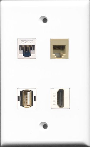 RiteAV 1 Port HDMI and 1 Port USB A-A and 1 Port Phone RJ11 RJ12 Beige and 1 Port Cat5e Ethernet White Wall Plate