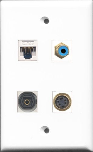 RiteAV 1 Port RCA Blue and 1 Port S-Video and 1 Port Toslink and 1 Port Cat5e Ethernet White Wall Plate