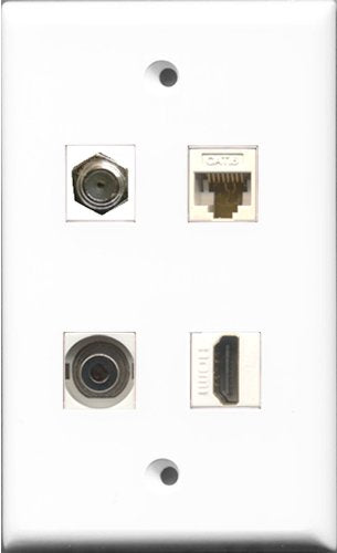 RiteAV 1 Port HDMI and 1 Port Coax Cable TV- F-Type and 1 Port 3.5mm and 1 Port Cat6 Ethernet White Wall Plate