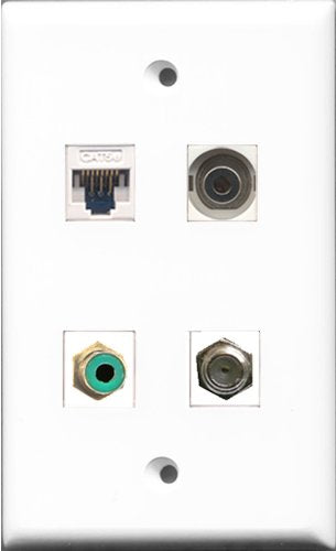 RiteAV - 1 Port RCA Green and 1 Port Coax Cable TV- F-Type and 1 Port 3.5mm and 1 Port Cat5e Ethernet White Wall Plate