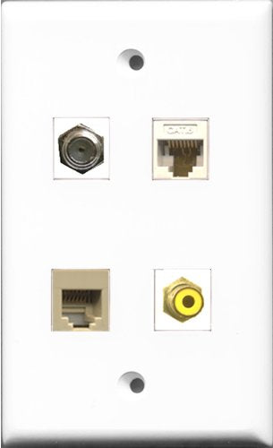 RiteAV 1 Port RCA Yellow and 1 Port Coax Cable TV- F-Type and 1 Port Phone RJ11 RJ12 Beige and 1 Port Cat6 Ethernet White Wall Plate