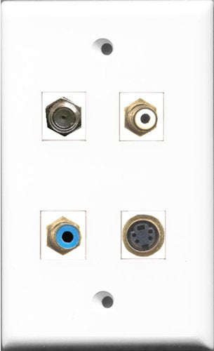 RiteAV 1 Port RCA White and 1 Port RCA Blue and 1 Port Coax Cable TV- F-Type and 1 Port S-Video Wall Plate