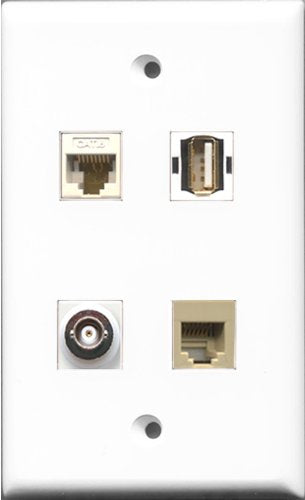 RiteAV 1 Port USB A-A and 1 Port Phone RJ11 RJ12 Beige and 1 Port BNC and 1 Port Cat6 Ethernet White Wall Plate