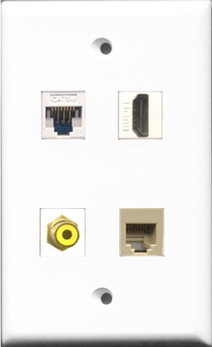 RiteAV - 1 Port HDMI and 1 Port RCA Yellow and 1 Port Phone RJ11 RJ12 Beige and 1 Port Cat5e Ethernet White Wall Plate