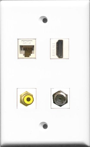 RiteAV 1 Port HDMI and 1 Port RCA Yellow and 1 Port Coax Cable TV- F-Type and 1 Port Cat6 Ethernet White Wall Plate